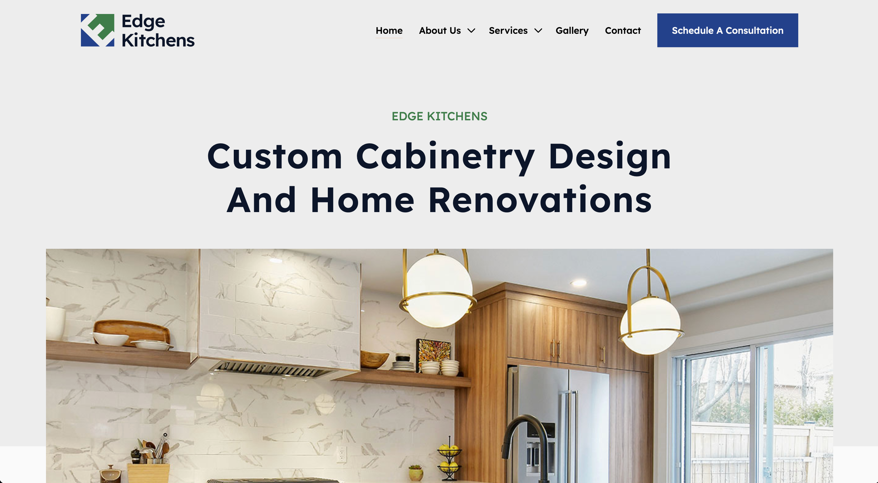 White landing page for Edge Kitchens website with an image of a kitchen