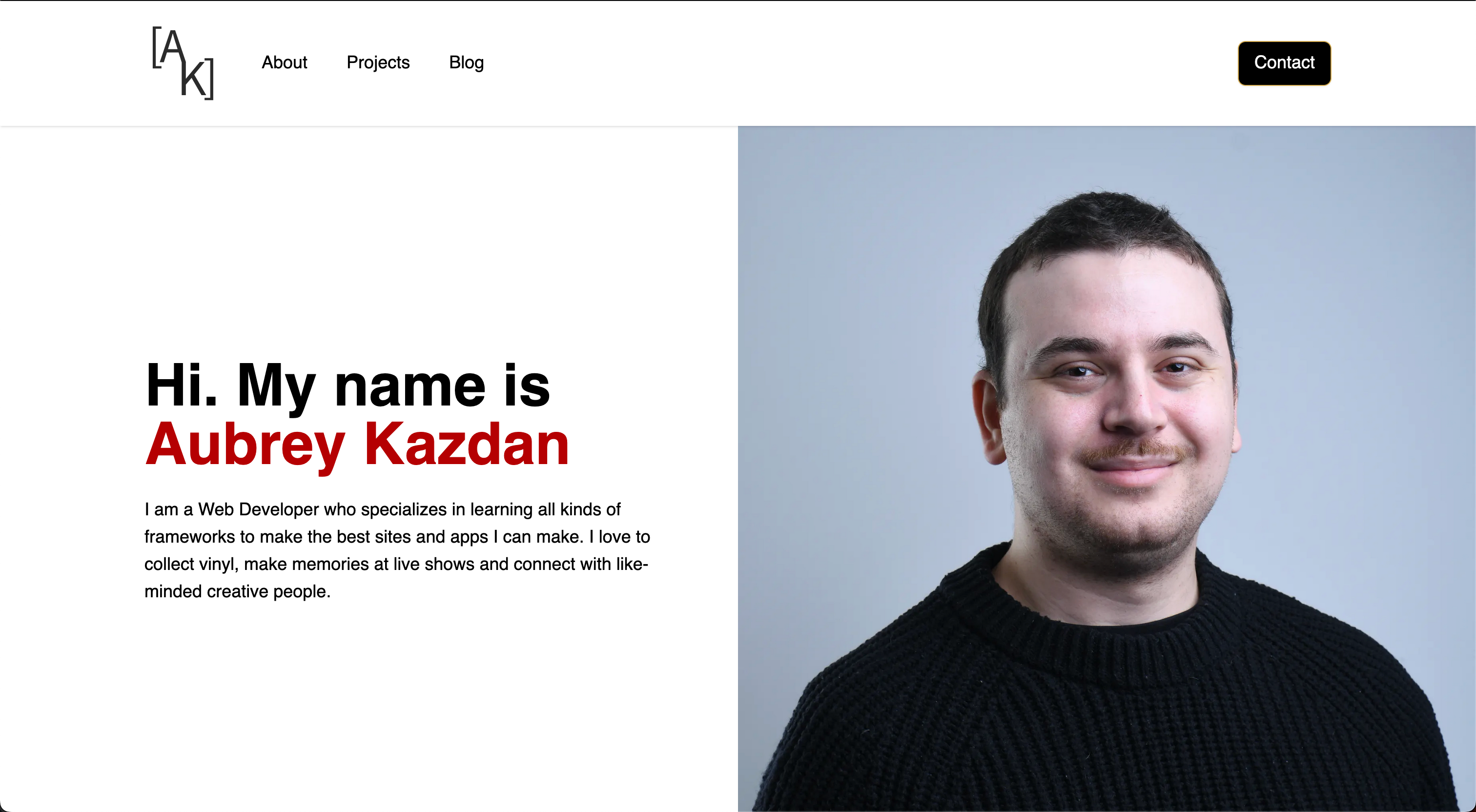 Landing page for Aubrey Kazdan's portfolio with introductory text and an image of Aubrey