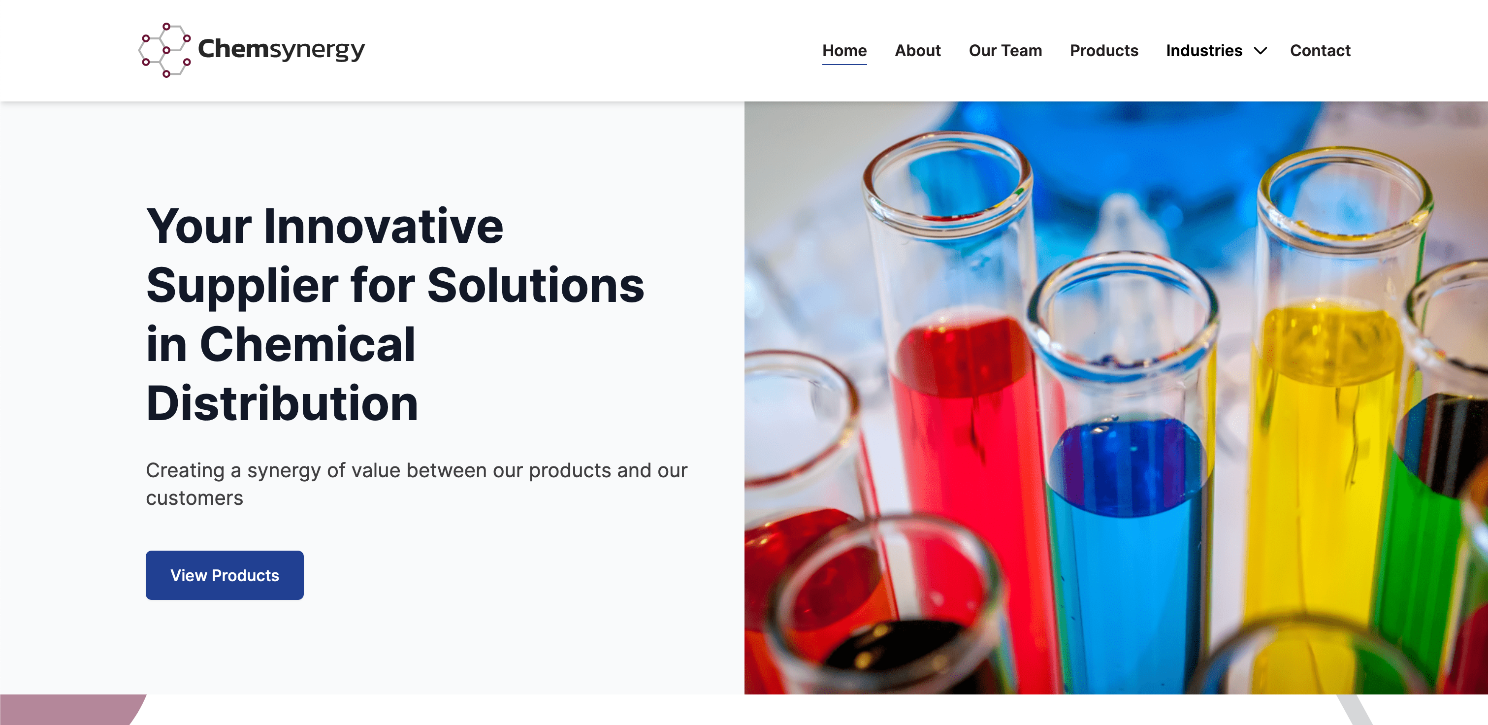 Landing page for chemsynergy with descriptive text and an image showing differently-coloured chemicals